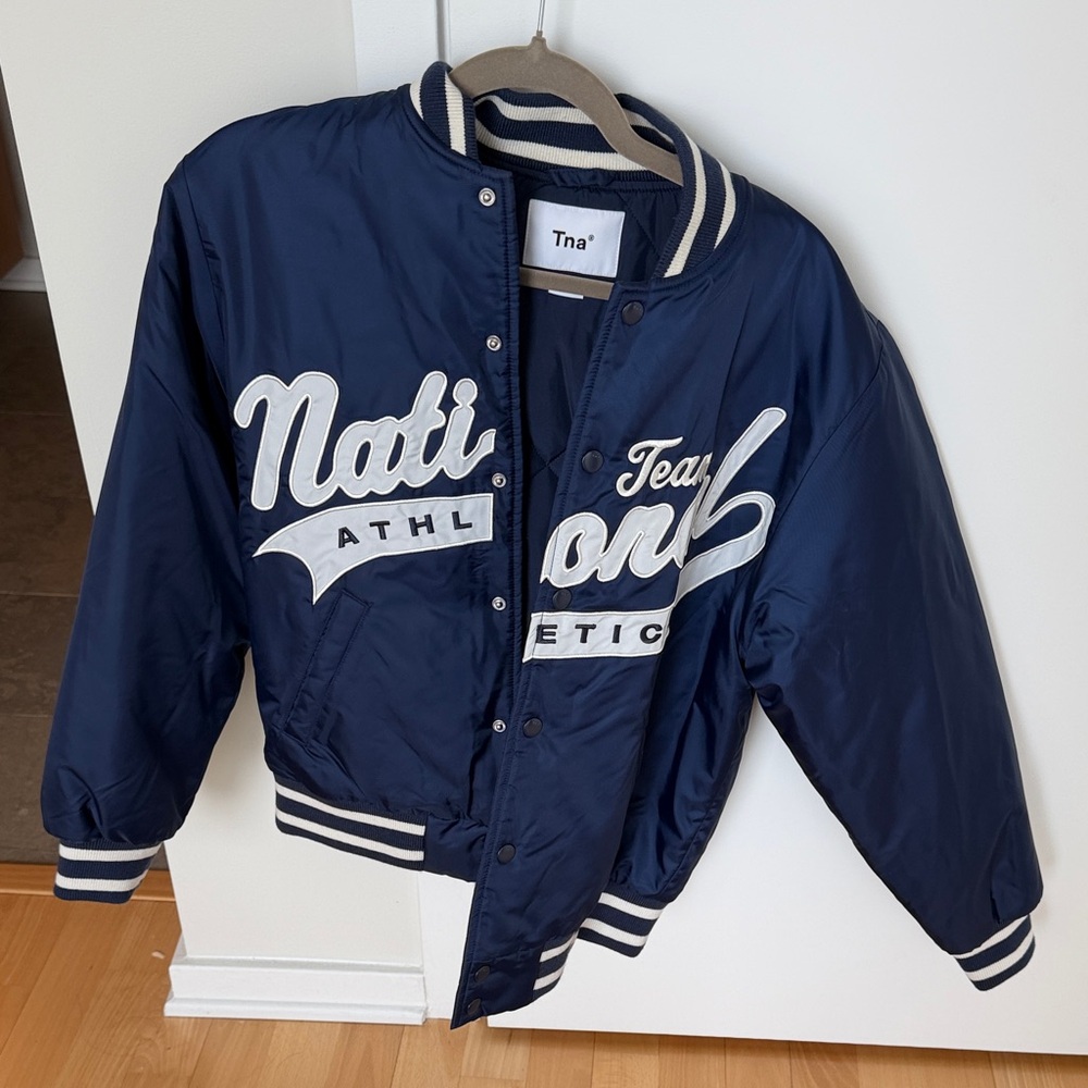 TNA Navy Blue Varsity-Style Bomber Jacket with White Script